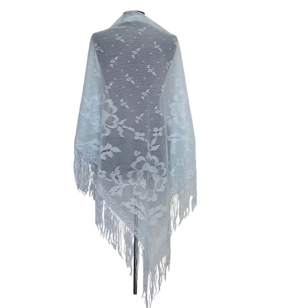 Vintage Blue Floral Lace Triangle Piano Shawl Fringe Wrap Wedding Scarf